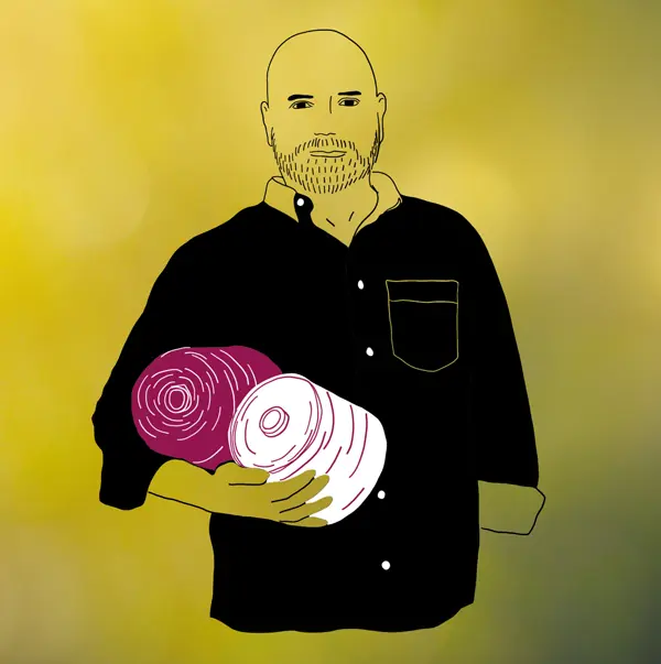 Illustration d'un homme qui tient des bobine de fils, pour la campagne de Alter Incub Aura
